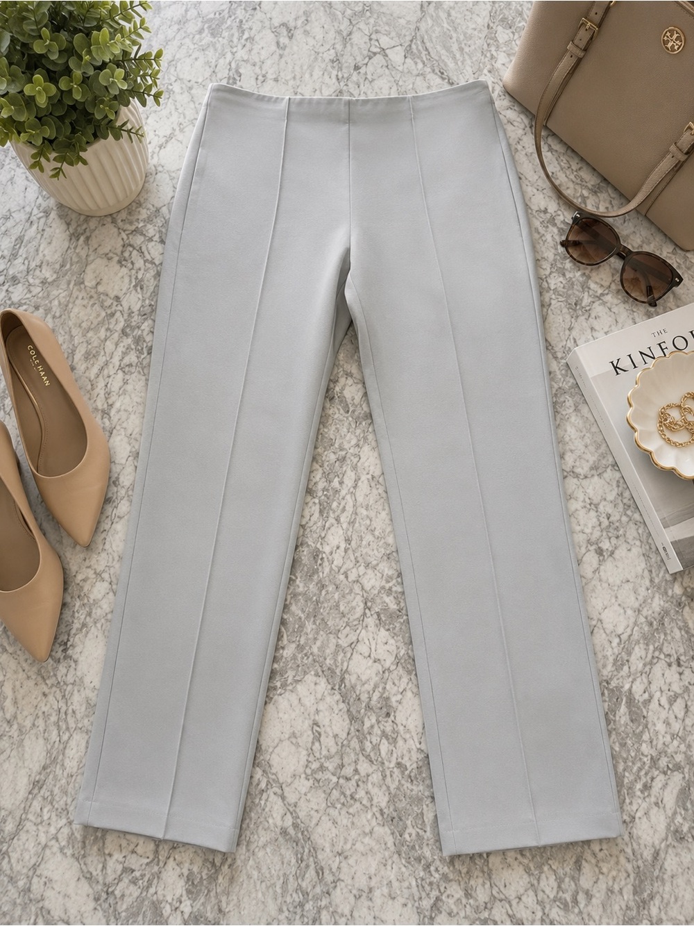 Theory Light Gray Flat Front Pintuck Straight Leg Zip Ankle Pants Size 6